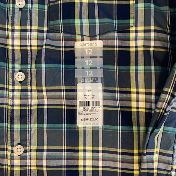 NWT Carter’s size 12 boys long sleeve plaid button down shirt - Picture 2 of 5